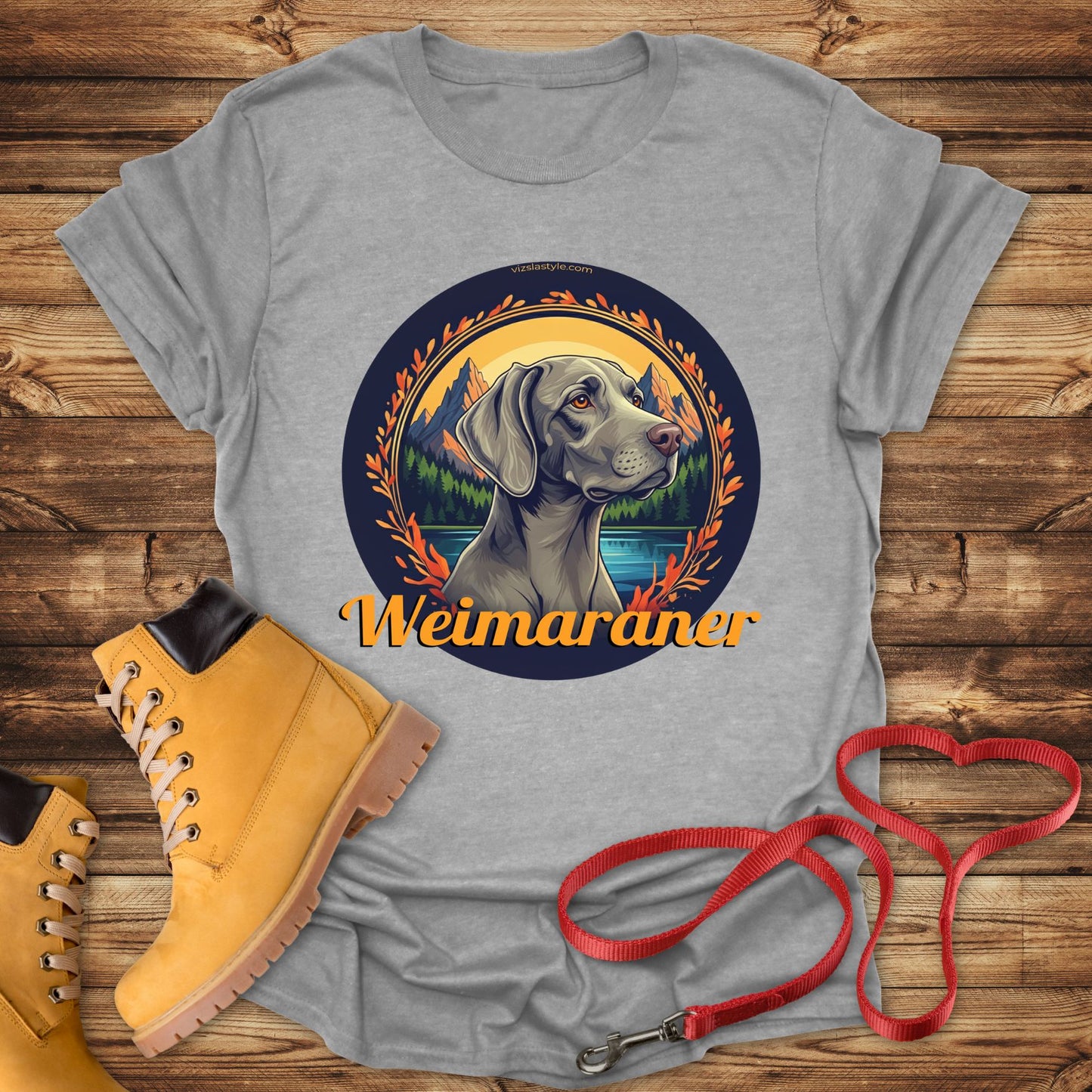 Majestic Weimaraner Mountain Landscape Tee With Gold Text