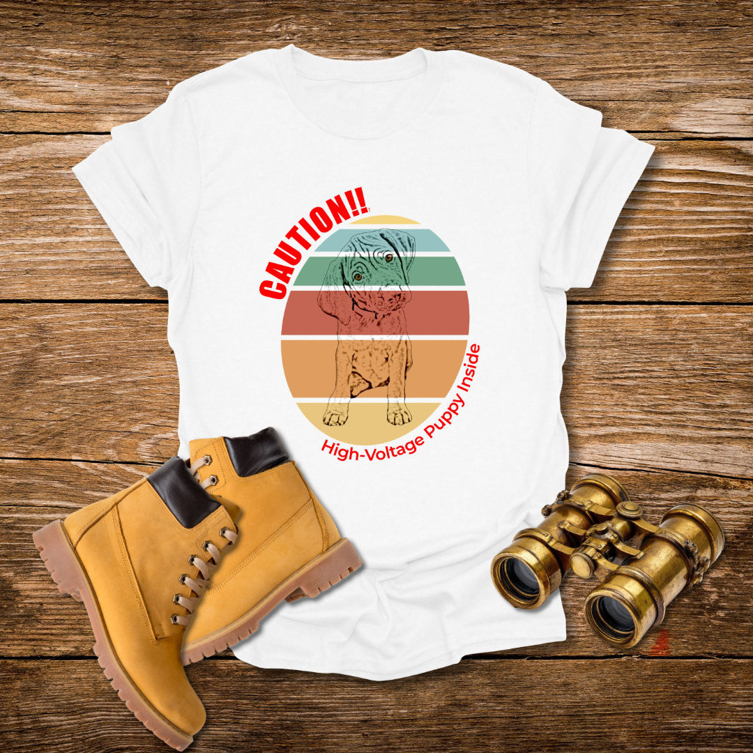 High-Voltage Puppy Inside Vizsla T-Shirt — Vintage Pastel Stripes