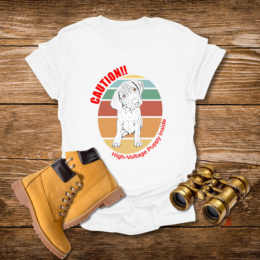 High-Voltage Puppy Inside Vizsla T-Shirt — Vintage Pastel Stripes