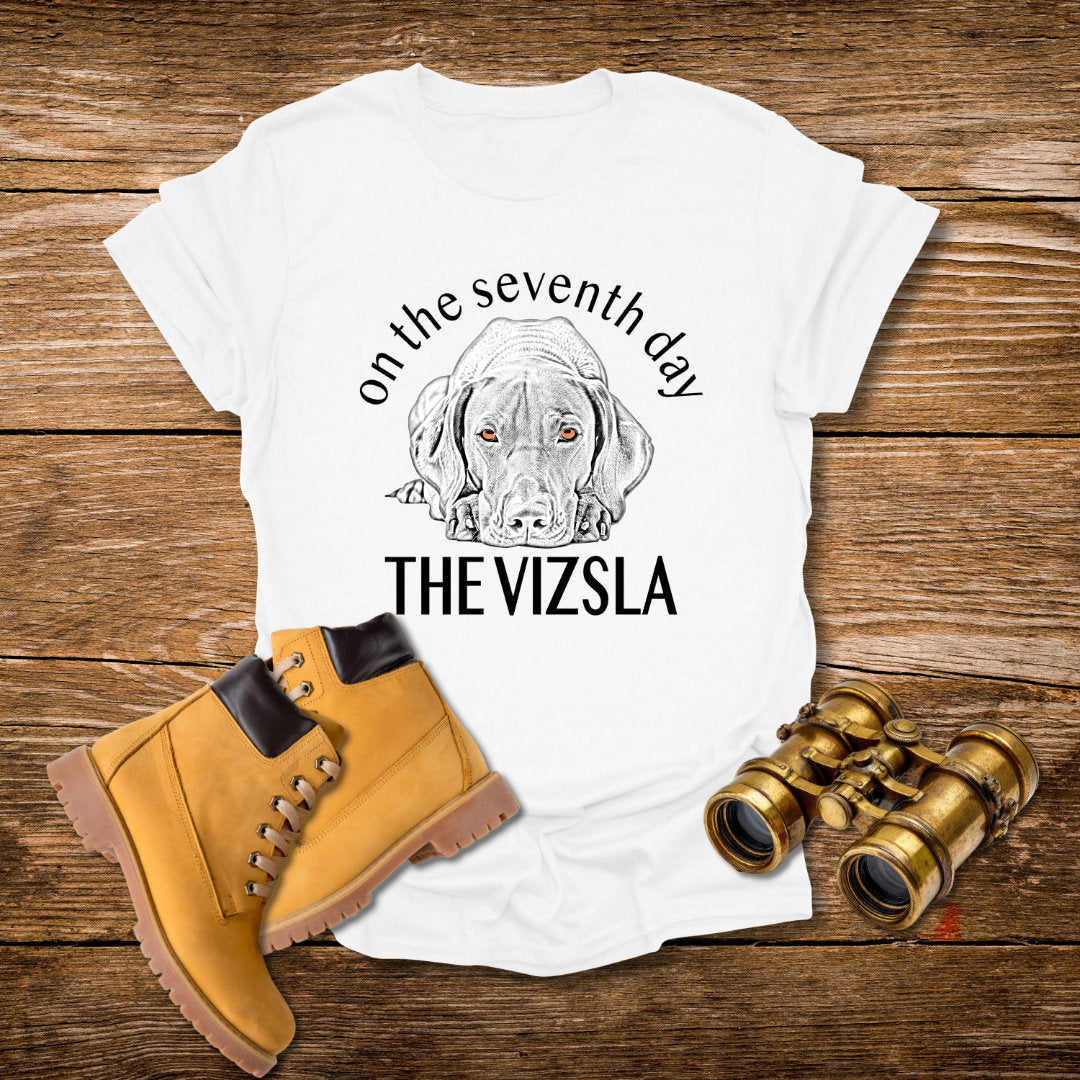 The Vizsla T-Shirt — "On the Seventh Day - THE VIZSLA" Vizsla Dog Line Art Tee