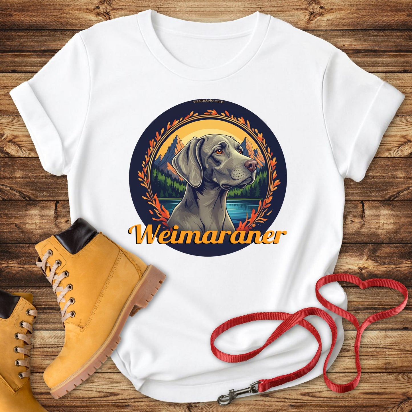 Majestic Weimaraner Mountain Landscape Tee With Gold Text