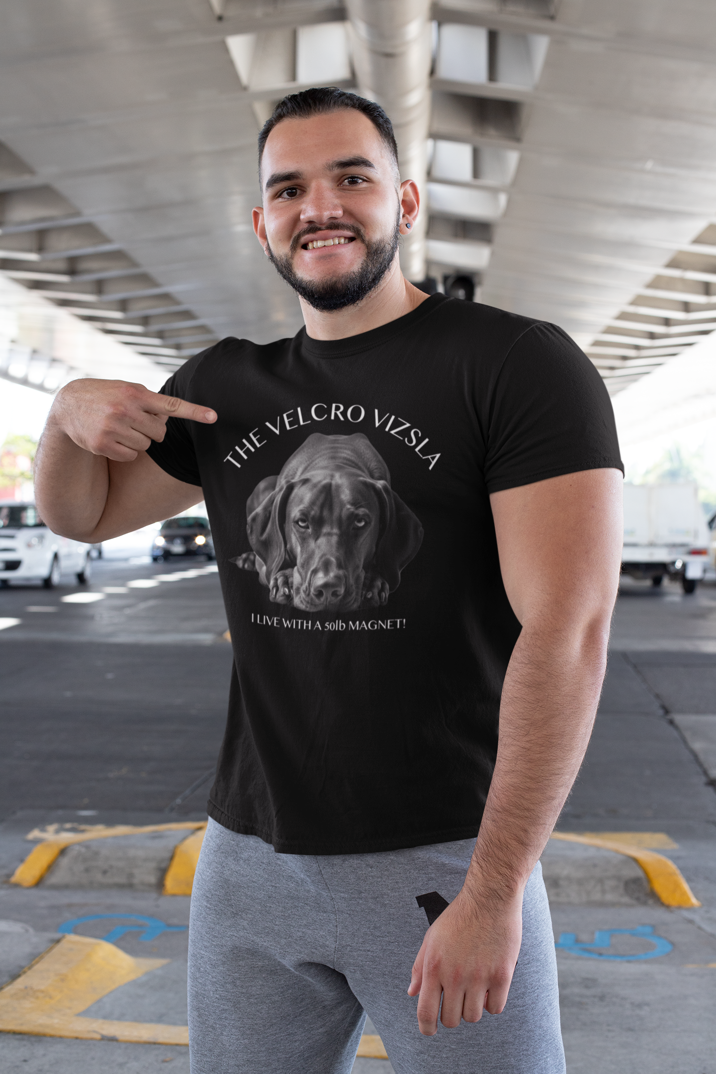 Velcro Vizsla T-Shirt — "I live with a 50lb magnet" Vizsla Dog Shirt