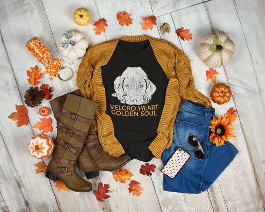 Fall-themed outfit with sweater, t-shirt, jeans, and boots on a wooden floor with pumpkins and leaves.