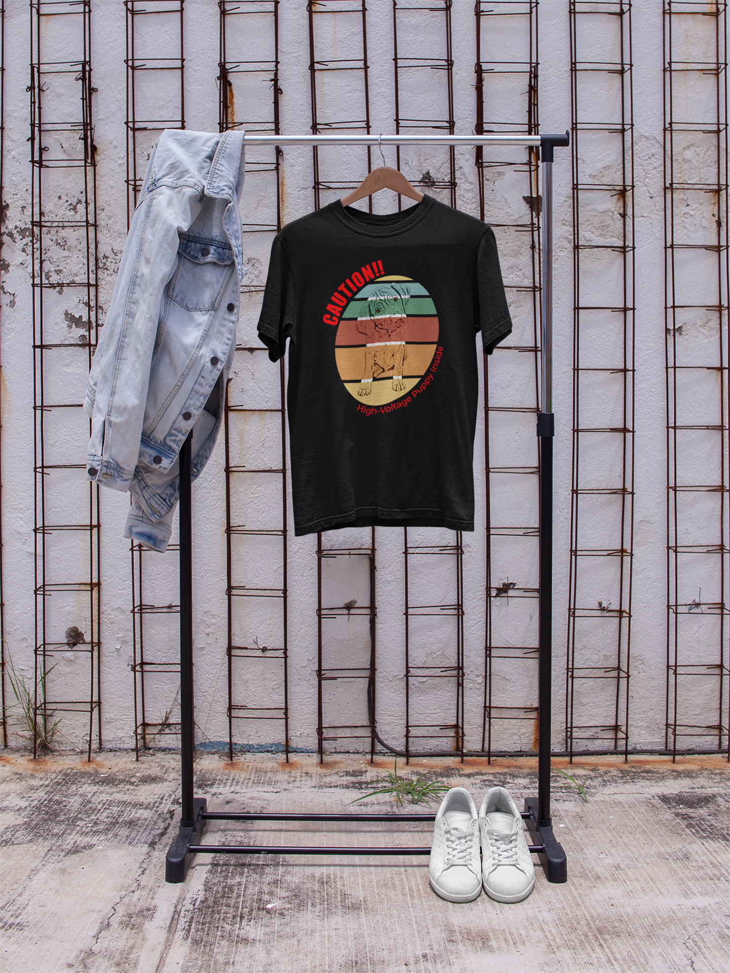 High-Voltage Puppy Inside Vizsla T-Shirt — Vintage Pastel Stripes