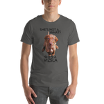 She's Not A What... She's A Vizsla (in Color) All Around Sports T-shirt (Dk Text)