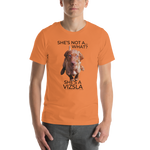 She's Not A What... She's A Vizsla (in Color) All Around Sports T-shirt (Dk Text)