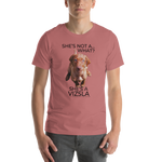 She's Not A What... She's A Vizsla (in Color) All Around Sports T-shirt (Dk Text)