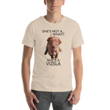 She's Not A What... She's A Vizsla (in Color) All Around Sports T-shirt (Dk Text)