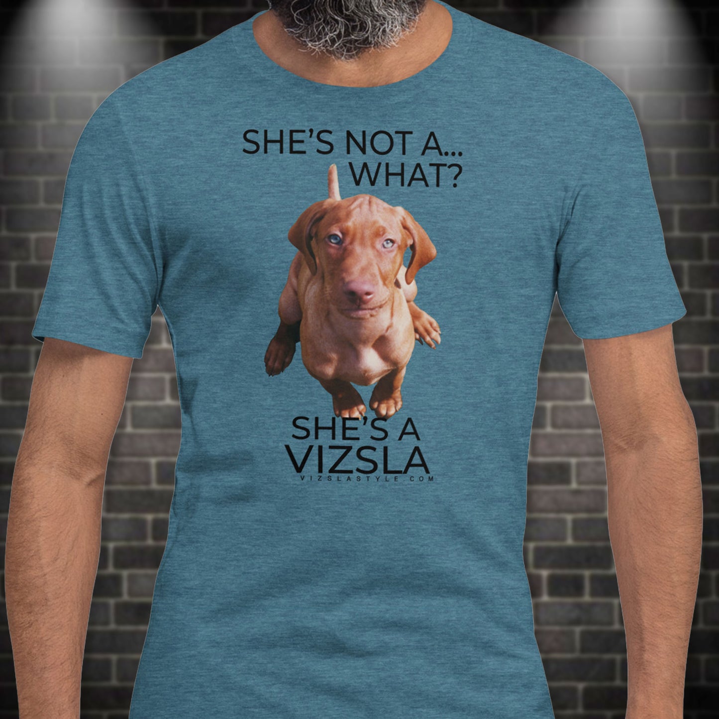 She's Not A What... She's A Vizsla (in Color) All Around Sports T-shirt (Dk Text)