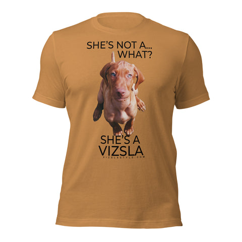 She's Not A What... She's A Vizsla (in Color) All Around Sports T-shirt (Dk Text)