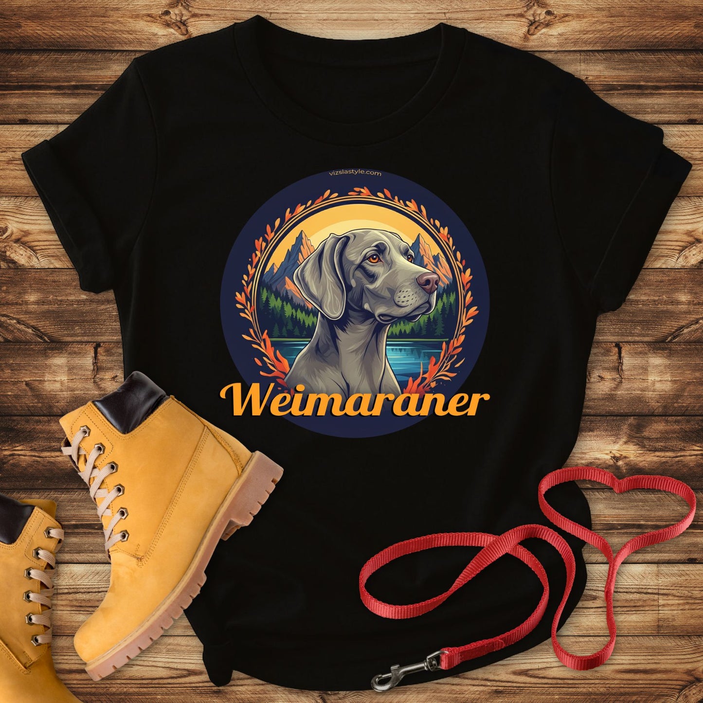 Majestic Weimaraner Mountain Landscape Tee With Gold Text