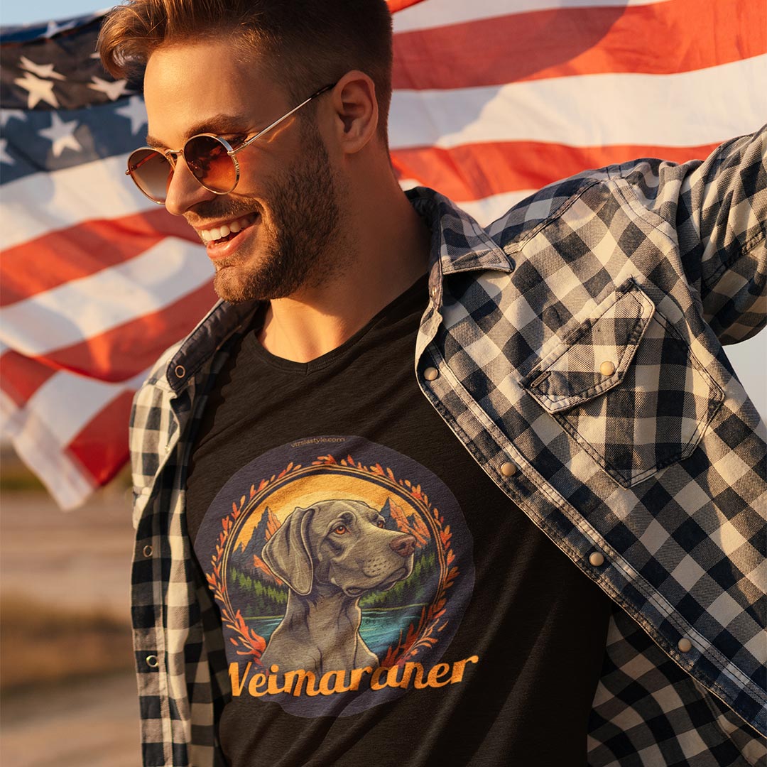 Majestic Weimaraner Mountain Landscape Tee With Gold Text
