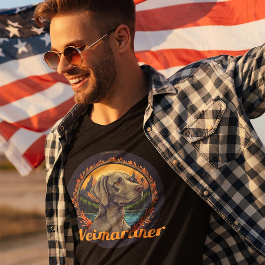 Majestic Weimaraner Mountain Landscape Tee With Gold Text