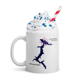 Lake Coeur d'Alene in Blue with Vizsla Style Logo White Glossy Mug