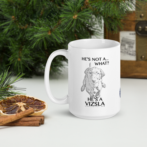 He's not a what? He's a Vizsla line art white 15oz. ceramic mug - Christmas image